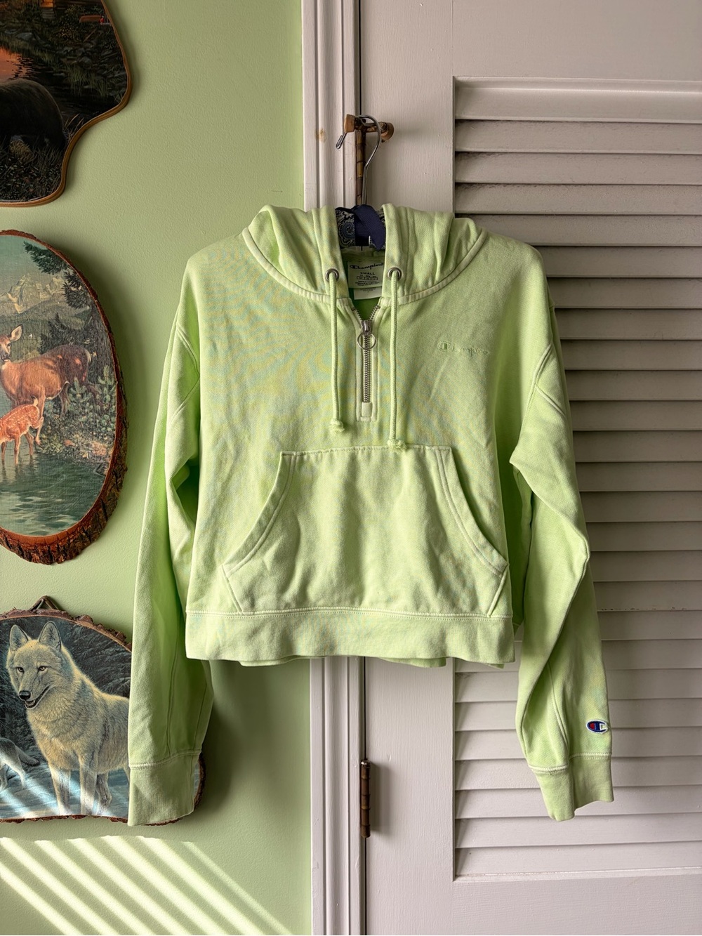 Champion Cropped Pullover Hoodie in Green Size Small